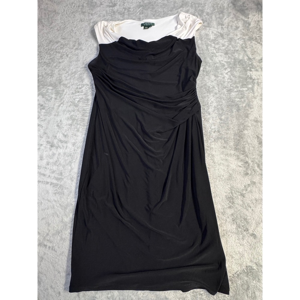 Lauren Ralph Lauren Black White Colorblock Ruched Cowl Neck Sheath Dress Size 14
